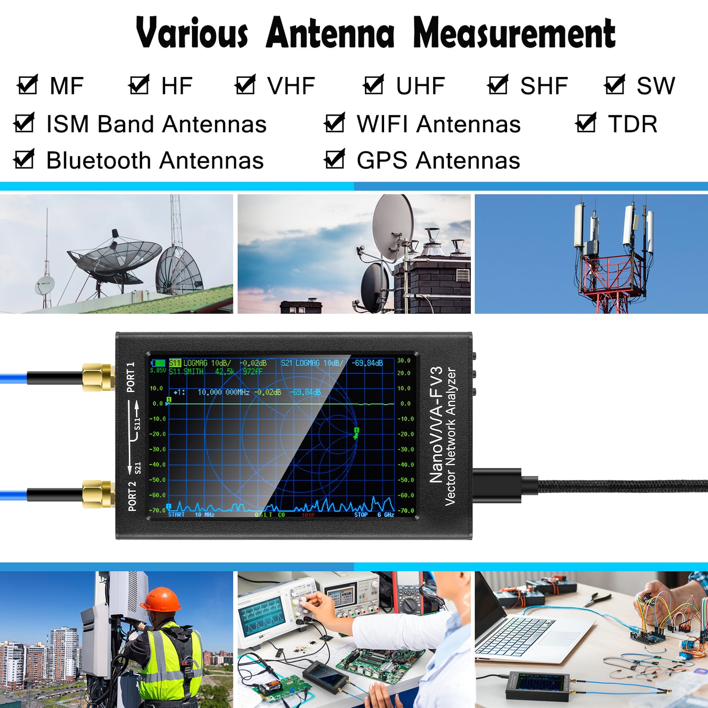 Upgraded NanoVNA-F V3 Vector Network Analyzer 1MHz–6GHz Antenna Analyzer HF VHF UHF VNA Measuring S-Parameters Voltage Standing Wave Ratio Phase Delay Smith Chart 4.3 inch Screen & 4500mAh