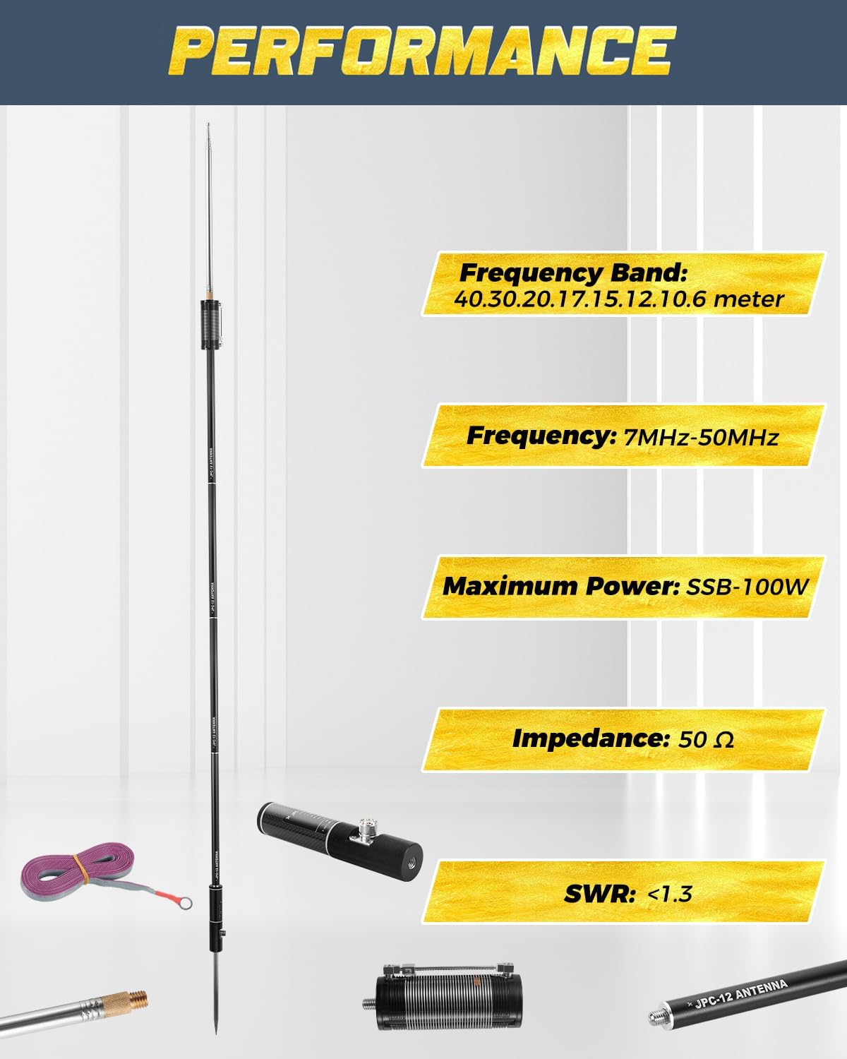 JPC-12 HF Antennas for Ham Radio with Slide Regulator 7MHz-50MHz All Band Hf Vertical Antenna 40m-6m 8 Bands for Outdoor 4.1 Meter(13.5Ft) (M10)