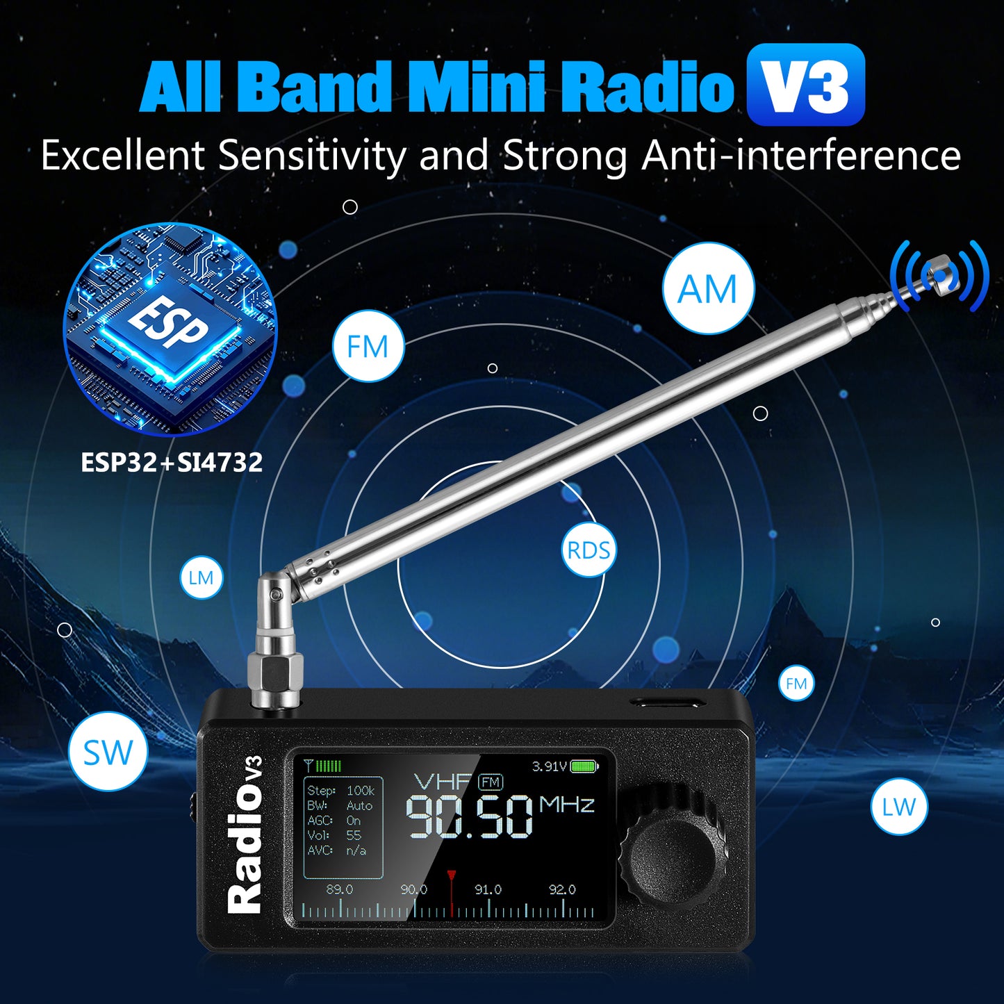 GOOZEEZOO Si4732-ESP32 V3 Mini Radio Pocket Shortwave Radio Receiver | Mode: AM/FM/LSB/USB Band: HF SW MW VHF All Band Radio Receiver | 800mAh Battery (with Radio Stand)
