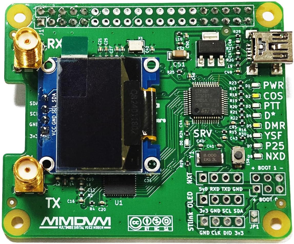 MMDVM Duplex Hotspot Module Dual Hat V1.5.2 with 0.96 OLED Display Support P25 DMR YSF NXDN DMR Slot 1 + Slot 2 for R Pi 1, 2/2b, 3/3b/3b+, 4/4b, Pi Zero, Zero 2W with USB Port (with OLED)