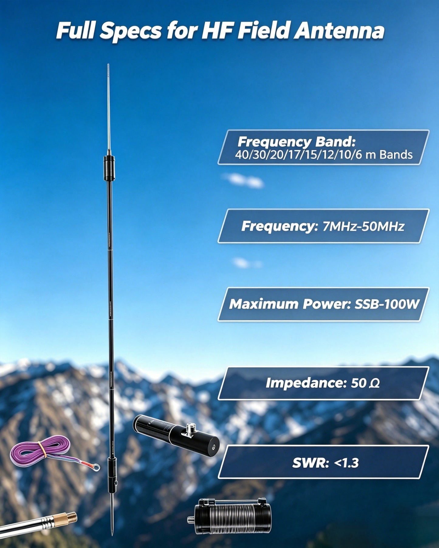 JPC-12 HF Antennas for Ham Radio 7-50MHz All Band HF Vertical Antenna with Low SWR 40m-6m 8 Bands Easy Setup for POTA/Field Day for Outdoor 4.1 Meter(13.5Ft)