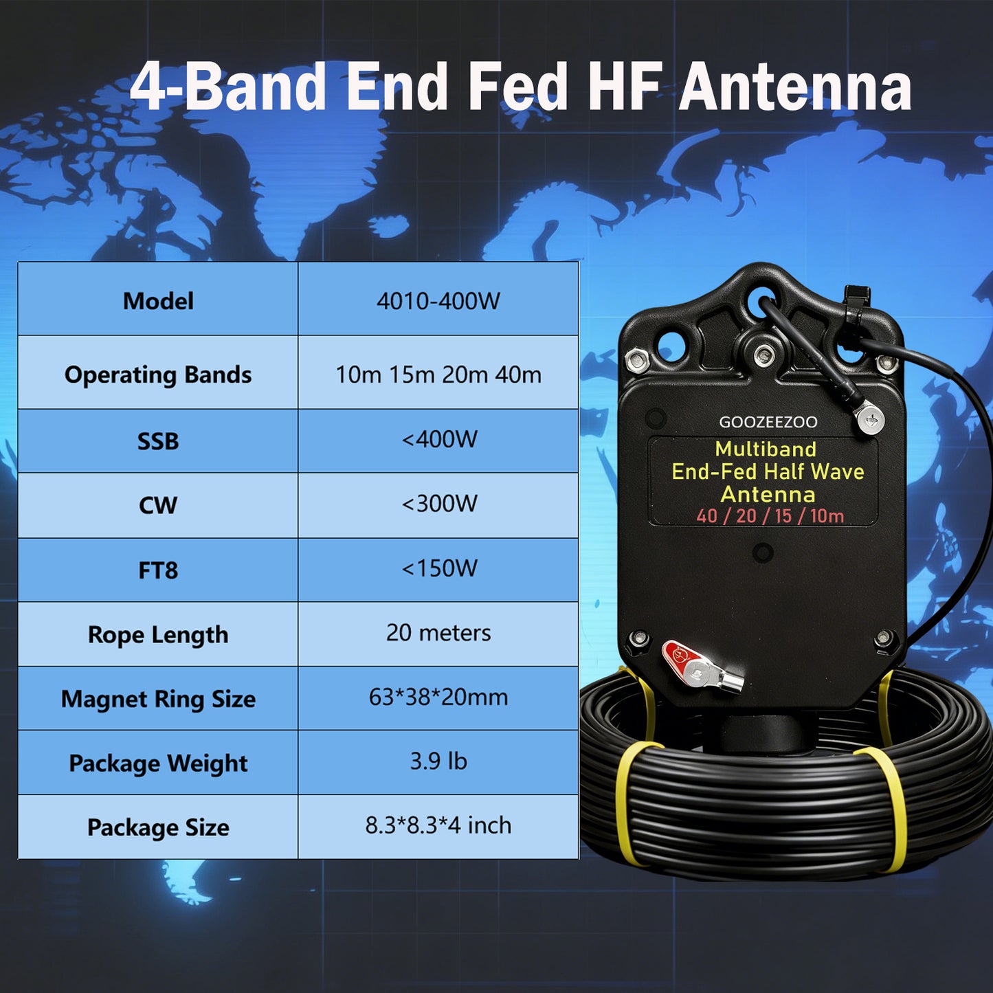 JYR4010-400W End Fed Half Wave Antenna 400W Shortwave Radio Antenna 4 Band 10m 15m 20m 40m Long Wire Antenna 1:64 Balun No Tuning