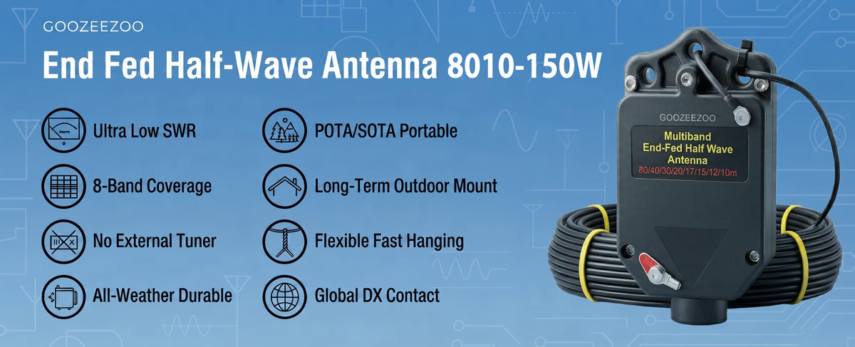 JYR8010-150W End Fed Half Wave Antenna, 150W Shortwave Radio Antenna, 8 Band 10m 12m 15m 17m 20m 30m 40m 80m Long Wire Antenna, 1:64 Balun No Tuning