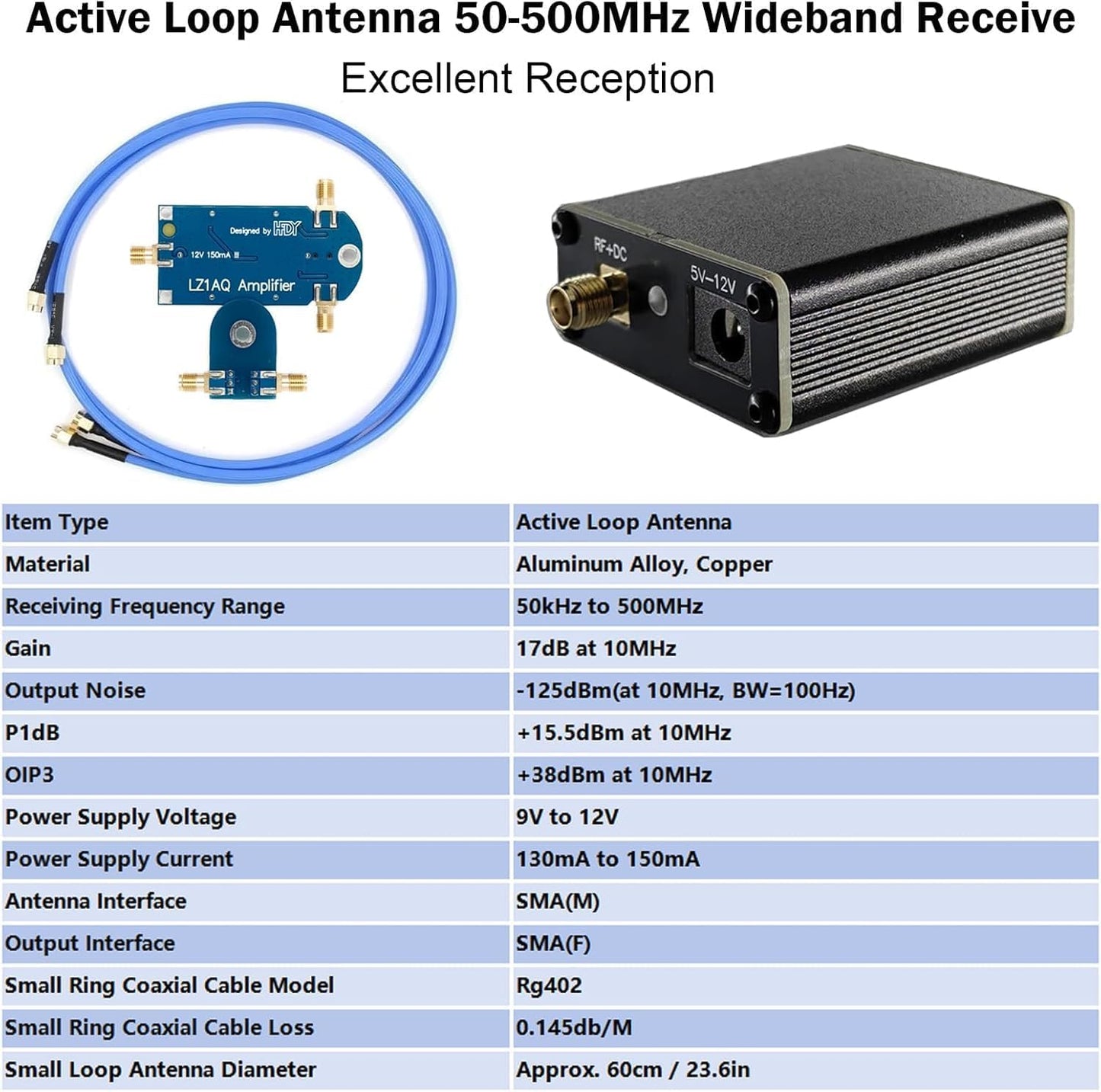 Portable Active Loop Antenna, GOOZEEZOO HFDY Shortwave Antenna 50KHz-500MHz HF AM FM VHF UHF Magnetic Loop Receiving Antenna for Ham Radio (with Improved Amplifier)