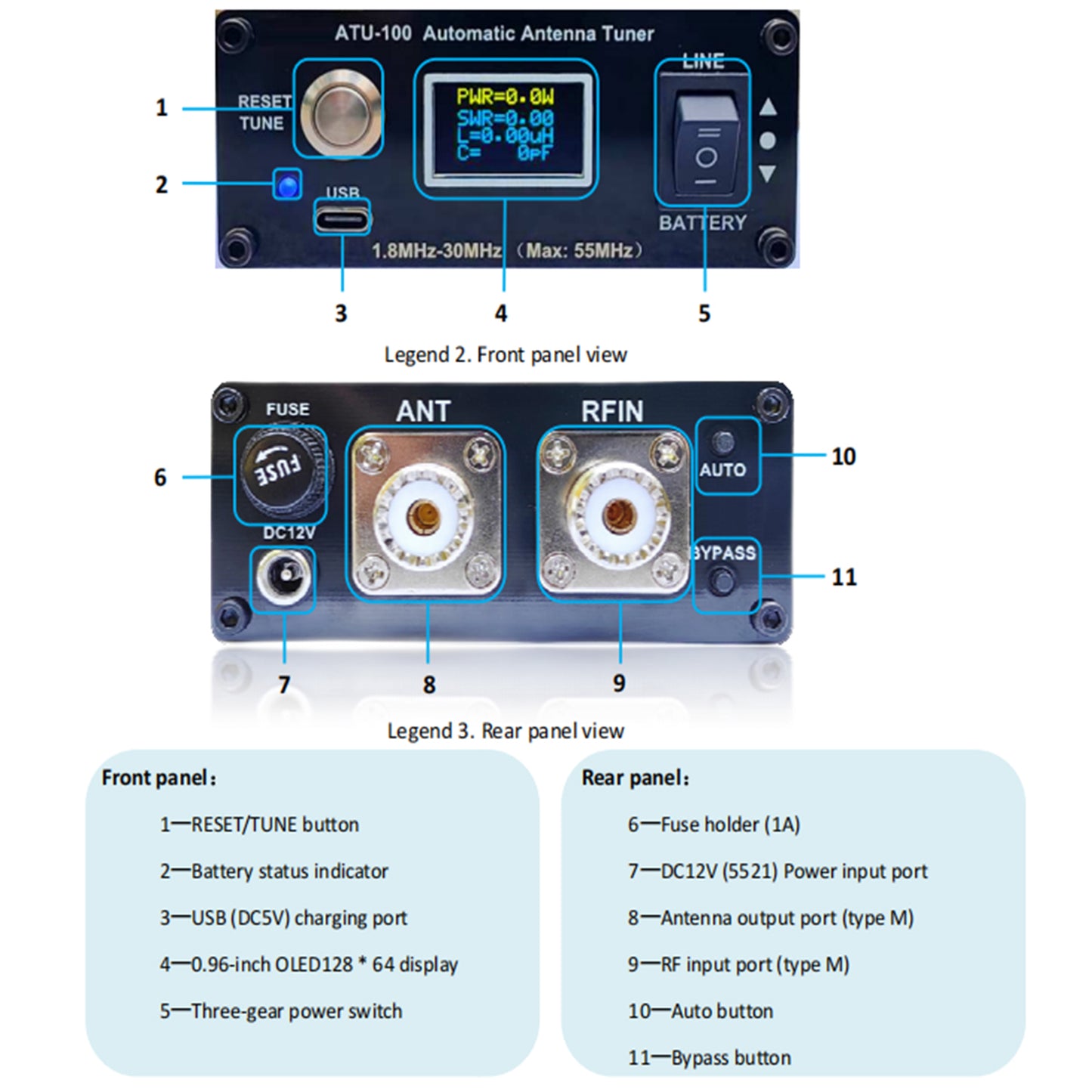 ATU-100 EXT Antenna Tuner for Ham Radio, GOOZEEZOO V3.2 1.8-55MHz Automatic Antenna Tuner for Ham Radio Enthusiasts, Low SWR on All Bands Great for POTA/SOTA/DX (5000mAh Battery)