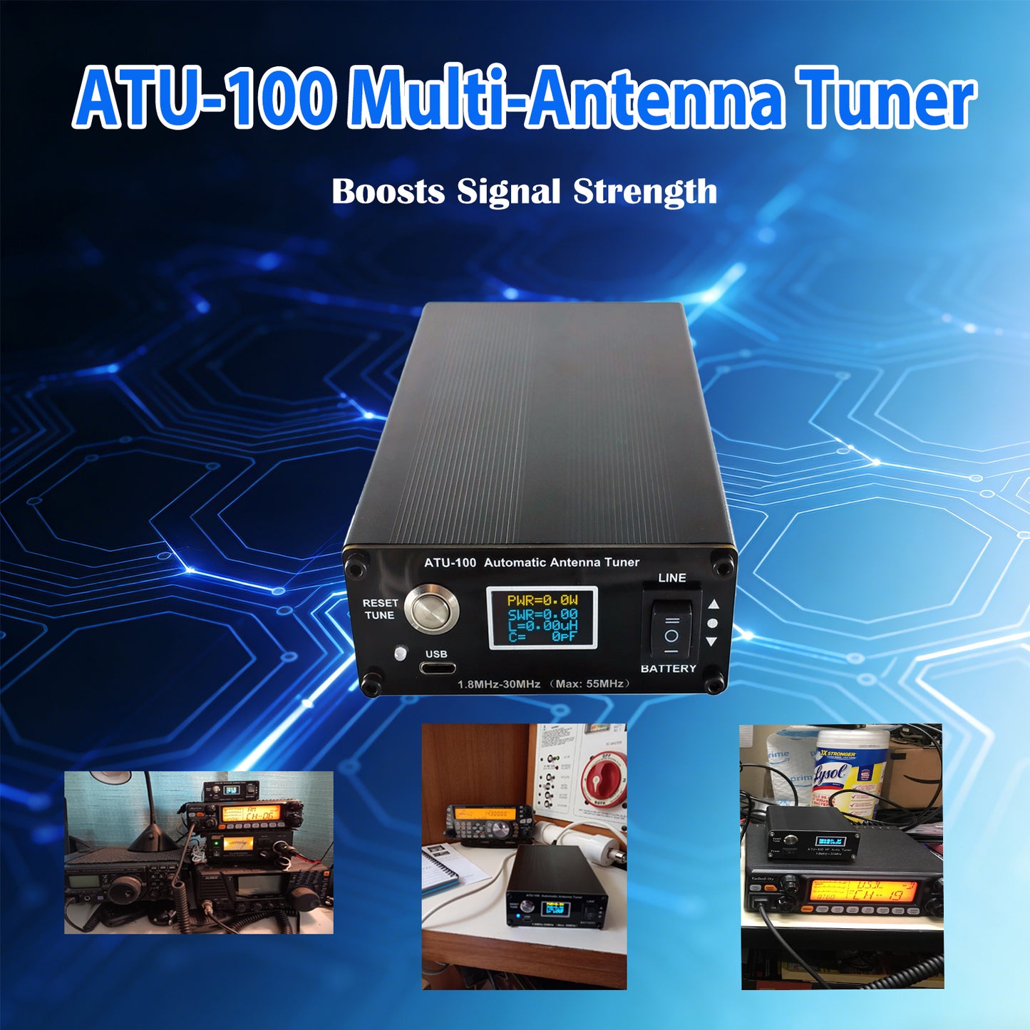 ATU-100 EXT Antenna Tuner for Ham Radio, GOOZEEZOO V3.2 1.8-55MHz Automatic Antenna Tuner for Ham Radio Enthusiasts, Low SWR on All Bands Great for POTA/SOTA/DX (5000mAh Battery)