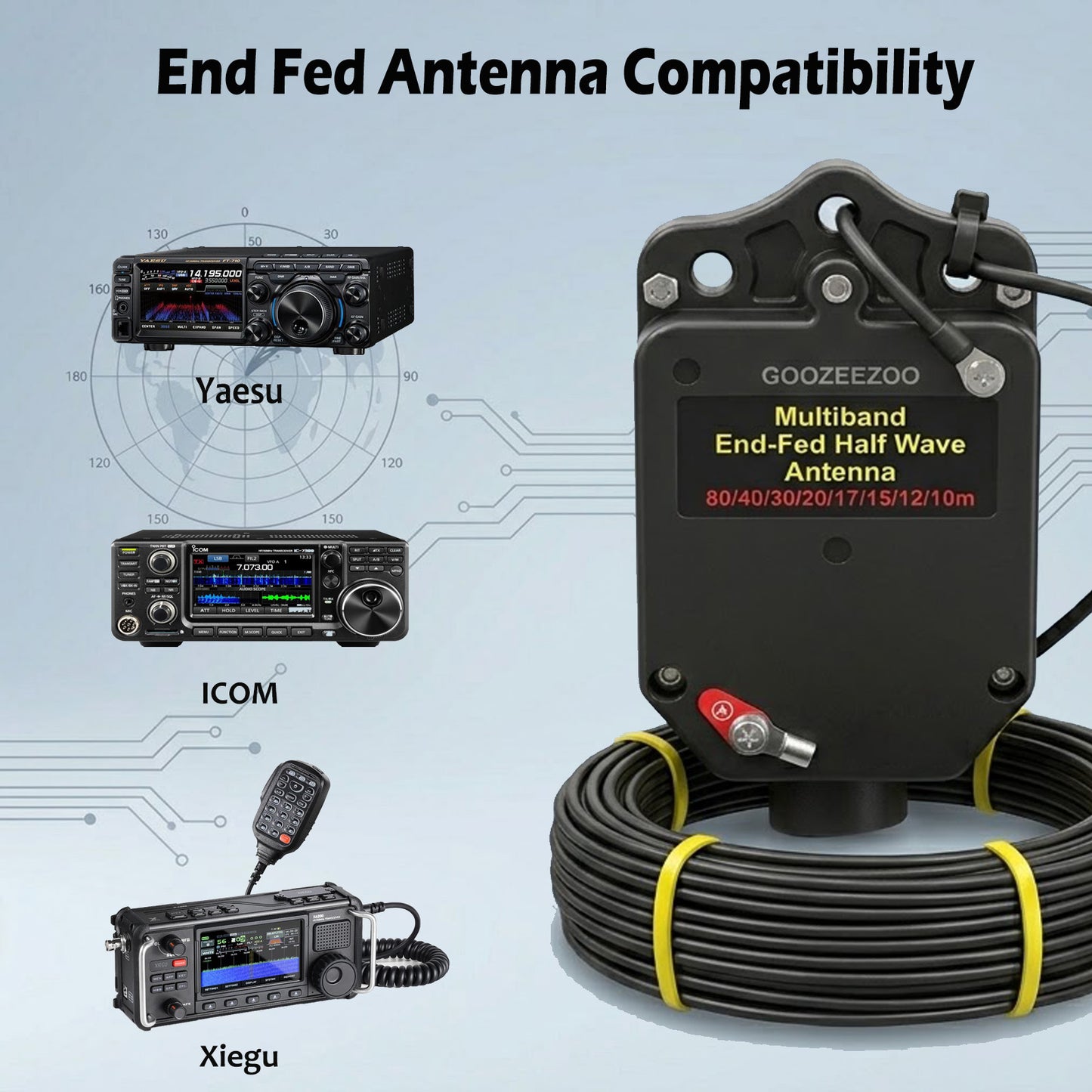 JYR8010-150W End Fed Half Wave Antenna, 150W Shortwave Radio Antenna, 8 Band 10m 12m 15m 17m 20m 30m 40m 80m Long Wire Antenna, 1:64 Balun No Tuning