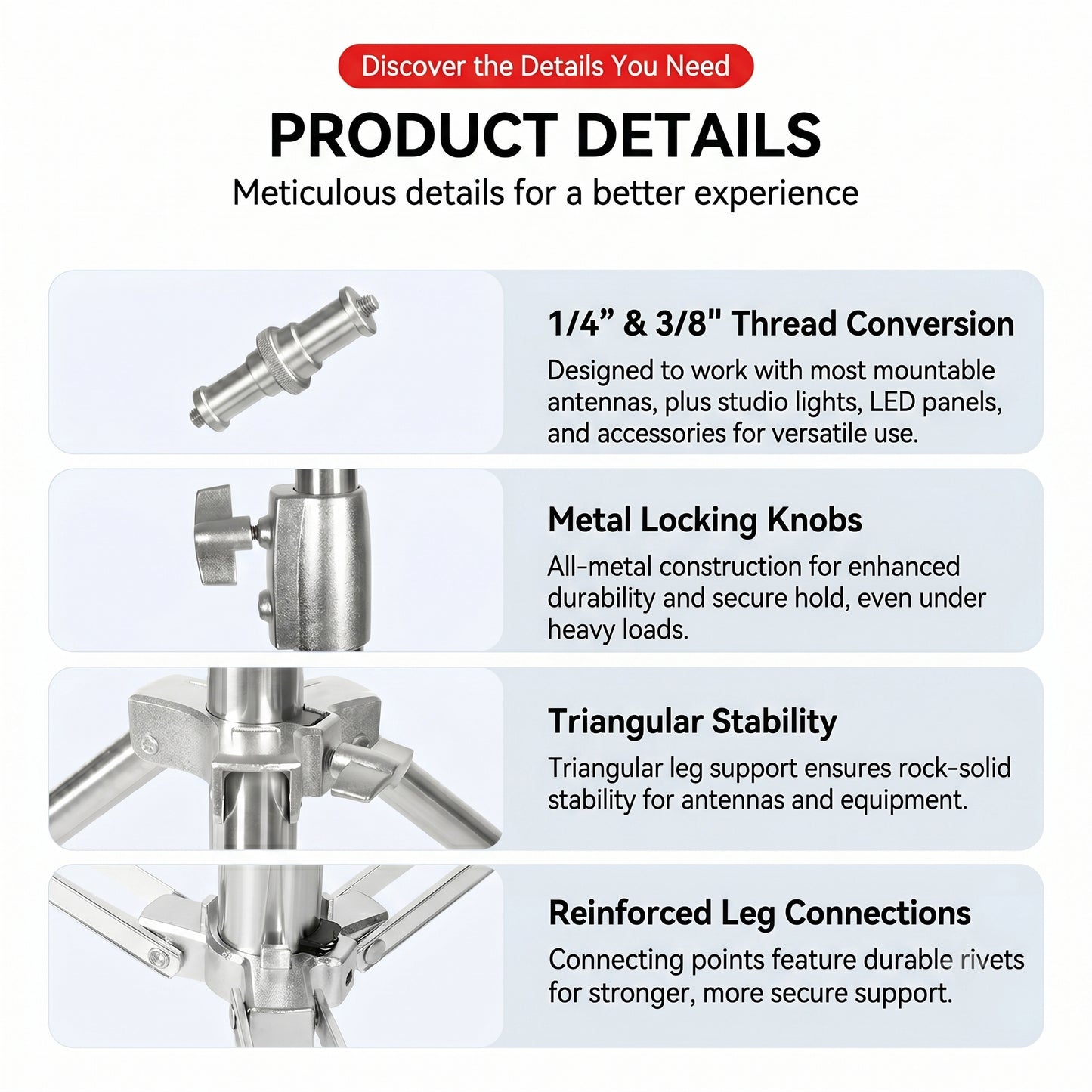 4M(13Ft) Stainless Steel Antenna Tripod Stand, Air Cushioned Corrosion-resistant Stainless Steel, Air Cushion Buffer, 1/4''&3/8'' Thread Adapter, Wind-resistant, Multi-scene POTA/Field