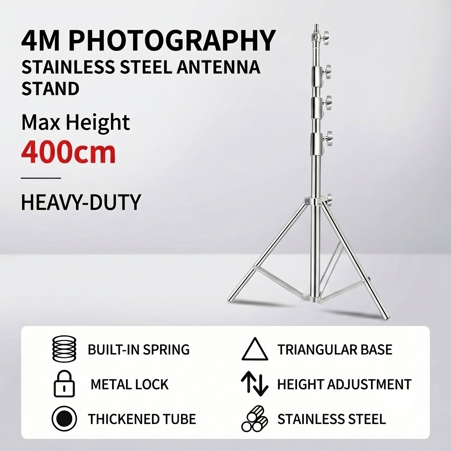 4M(13Ft) Stainless Steel Antenna Tripod Stand, Air Cushioned Corrosion-resistant Stainless Steel, Air Cushion Buffer, 1/4''&3/8'' Thread Adapter, Wind-resistant, Multi-scene POTA/Field