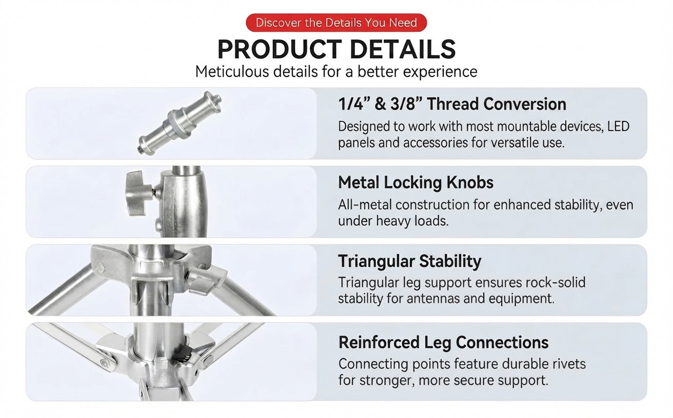 4M(13Ft) Stainless Steel Antenna Tripod Stand, Air Cushioned Corrosion-resistant Stainless Steel, Air Cushion Buffer, 1/4''&3/8'' Thread Adapter, Wind-resistant, Multi-scene POTA/Field