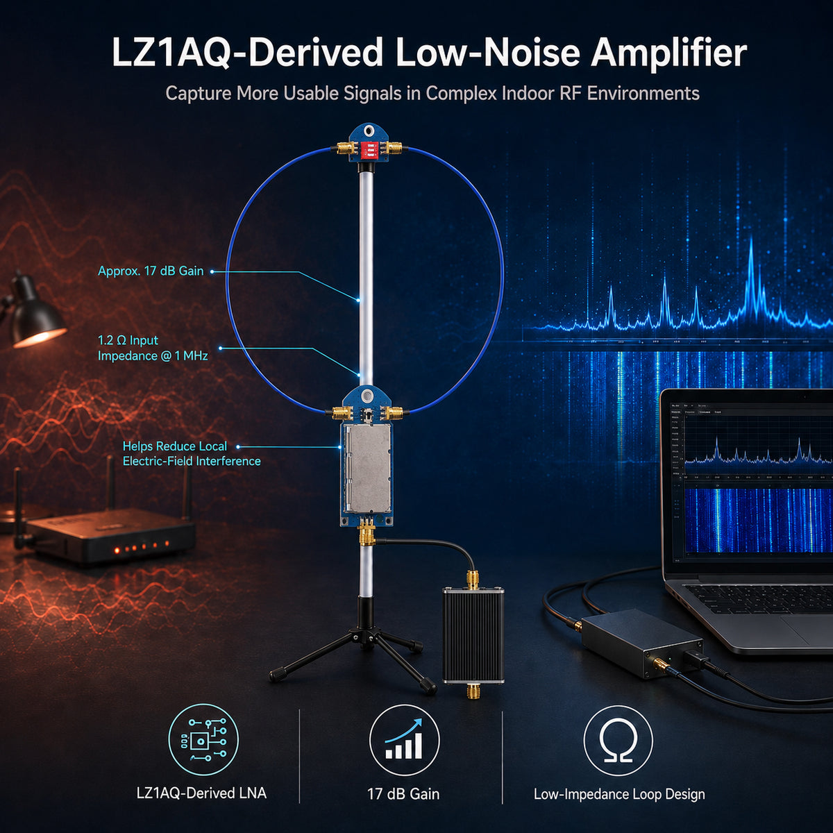 HFDY Active Magnetic Loop Antenna, 50KHz-500MHz HF AM FM VHF UHF Low-noise Amplifier, 17dB Gain Magnetic Loop Receiving Antenna for Ham Radio (with Improved Amplifier)