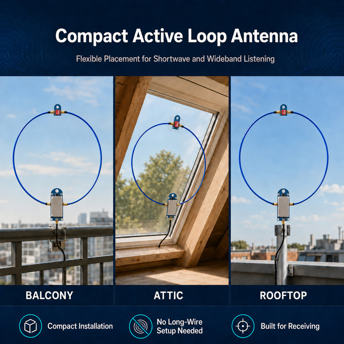 HFDY Active Magnetic Loop Antenna, 50KHz-500MHz HF AM FM VHF UHF Low-noise Amplifier, 17dB Gain Magnetic Loop Receiving Antenna for Ham Radio (with Improved Amplifier)