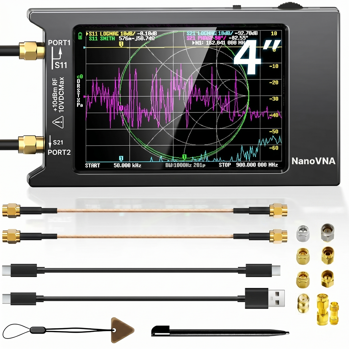NanoVNA-H4 Vector Network Analyzer V4.4, 9kHz-1.5GHz 4-inch Touchscreen, Supports S-parameter/SWR/Smith Chart/TDR Test, 1950mAh Battery, Full Calibration Accessory Kit Included