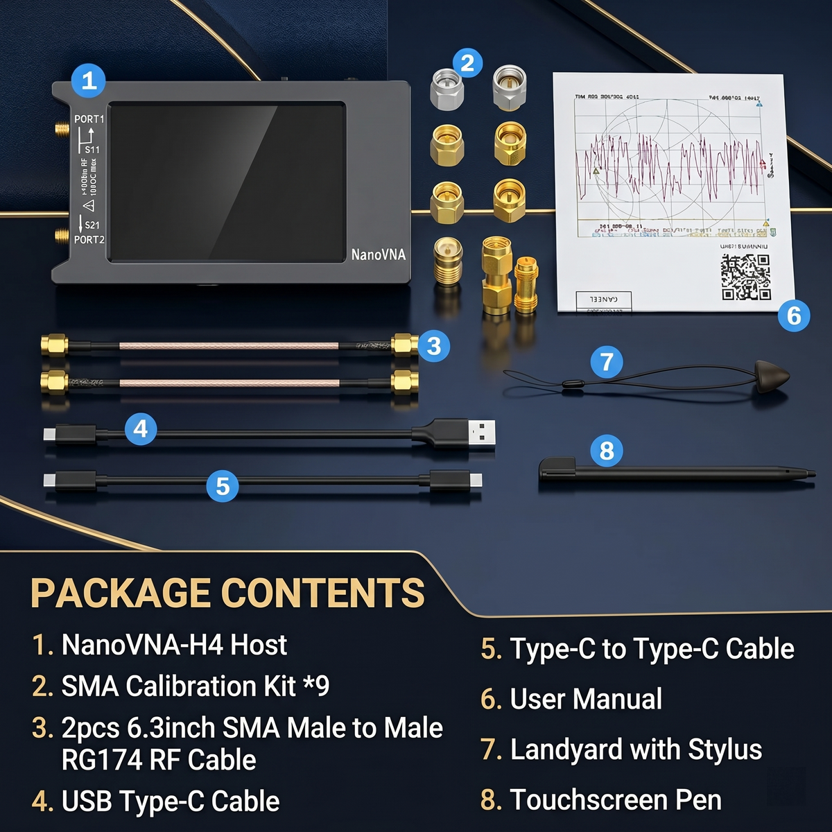 NanoVNA-H4 Vector Network Analyzer V4.4, 9kHz-1.5GHz 4-inch Touchscreen, Supports S-parameter/SWR/Smith Chart/TDR Test, 1950mAh Battery, Full Calibration Accessory Kit Included