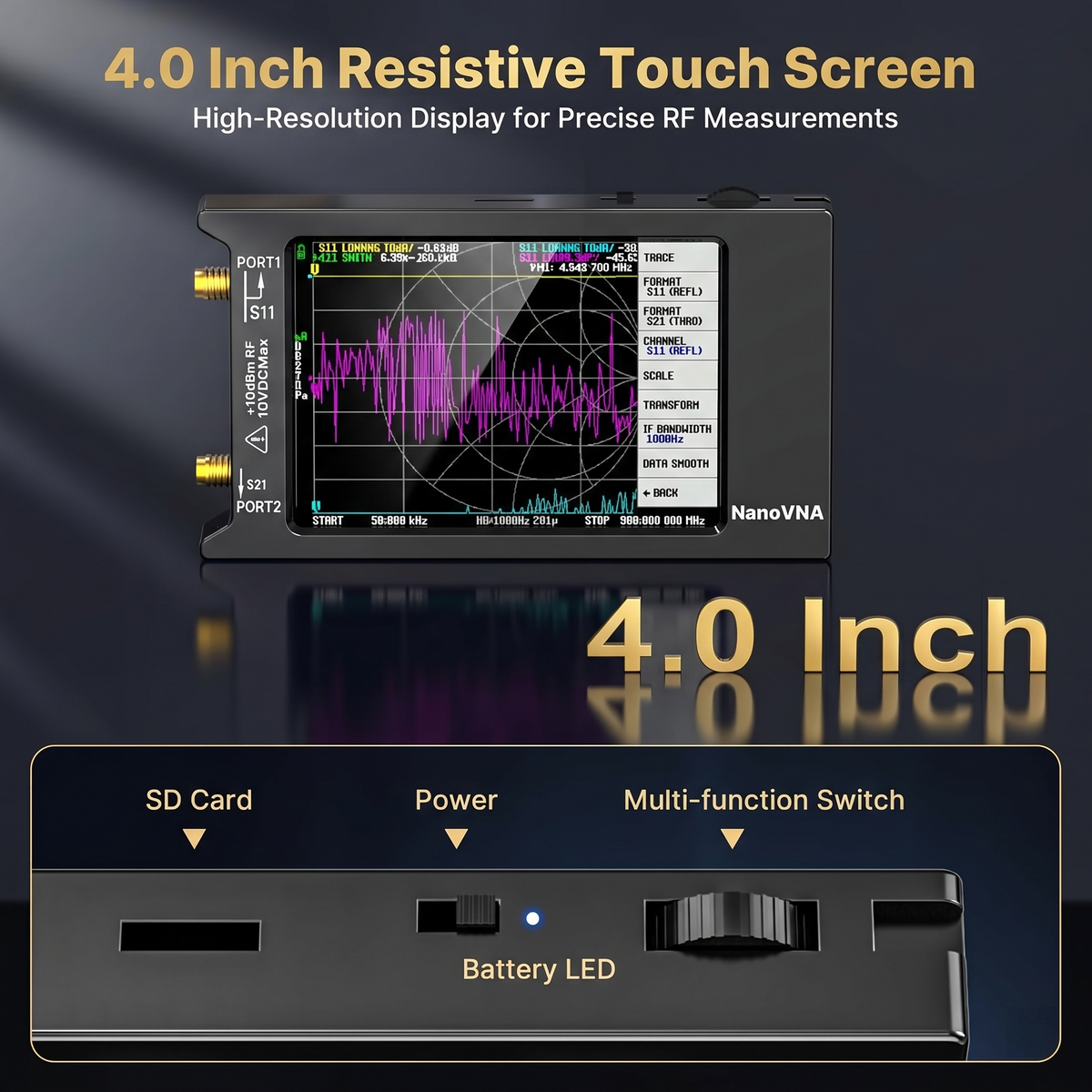 NanoVNA-H4 Vector Network Analyzer V4.4, 9kHz-1.5GHz 4-inch Touchscreen, Supports S-parameter/SWR/Smith Chart/TDR Test, 1950mAh Battery, Full Calibration Accessory Kit Included
