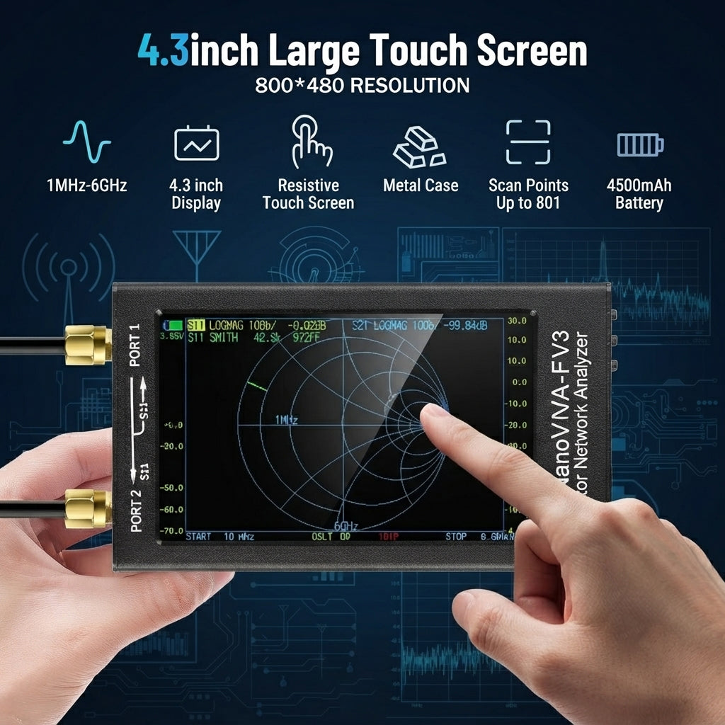 NanoVNA-F V3 Vector Network Analyzer, 4.3" Touchscreen 1MHz–6GHz Supports S11/S21/SWR/TDR/Smith Chart, Metal Shielding Shell, Built-in 4500mAh Battery, Compatible with NanoVNA-Saver Software