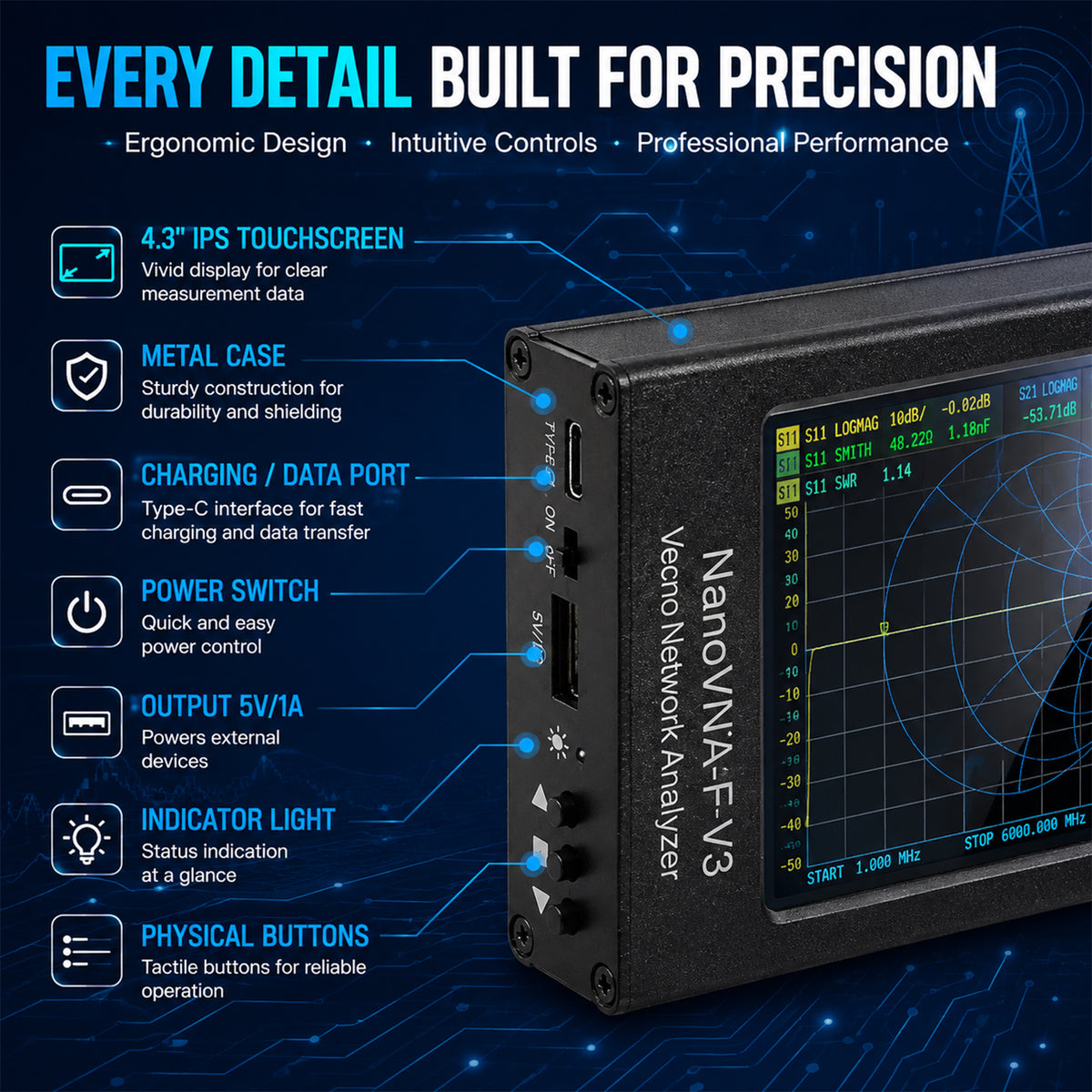 NanoVNA-F V3 Vector Network Analyzer, 4.3" Touchscreen 1MHz–6GHz Supports S11/S21/SWR/TDR/Smith Chart, Metal Shielding Shell, Built-in 4500mAh Battery, Compatible with NanoVNA-Saver Software