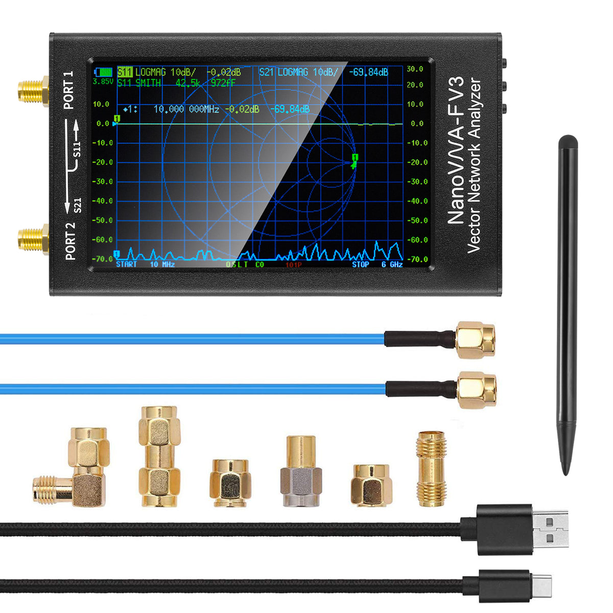 NanoVNA-F V3 Vector Network Analyzer, 4.3" Touchscreen 1MHz–6GHz Supports S11/S21/SWR/TDR/Smith Chart, Metal Shielding Shell, Built-in 4500mAh Battery, Compatible with NanoVNA-Saver Software
