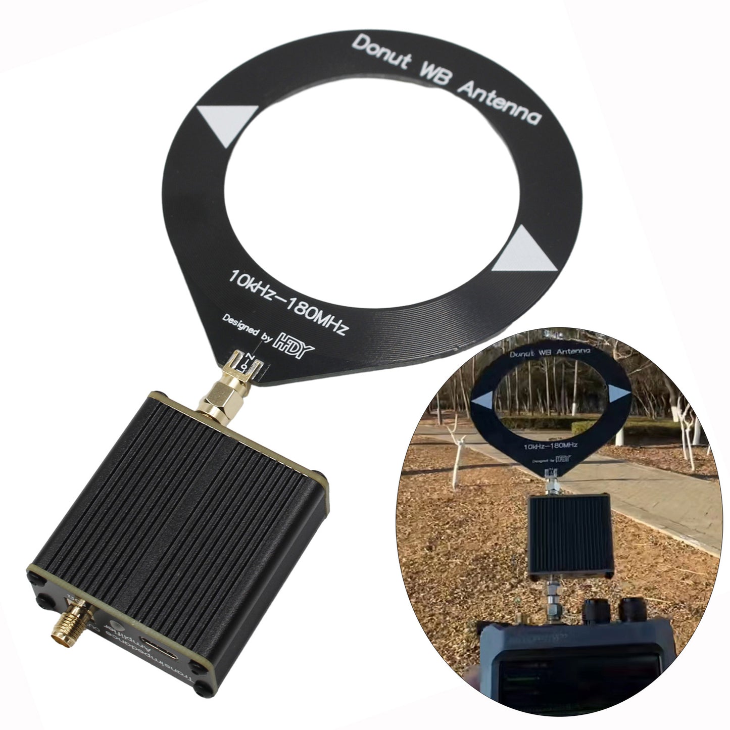 Donut WB Antenna, GOOZEEZOO 10KHz - 180MHz Mini Loop Antenna for Ham Radio Suitable for All Models of Radios, Walkie Talkies, SDR with Low Impedance Converter Built-in 600mAh Battery