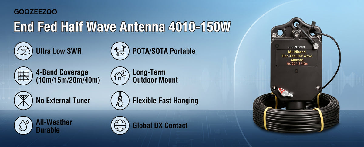 JYR4010-150W End Fed Half Wave Antenna for Ham Radio, 150W Shortwave Radio Antenna, 4 Band 10m 15m 20m 40m Long Wire Antenna, 1:64 Balun No Tuning Great for POTA/SOTA