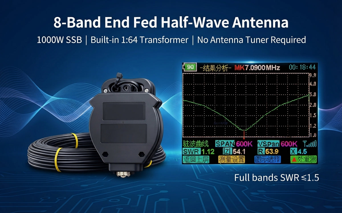 8010-1000W End Fed Half Wave Antenna 8 Bands 40m Long Wire 1000W End Fed Antenna, 10m/12m/15m/17m 20m/30m/40m/80m, Low SWR 1:64 Balun, No Tuning Great for POTA/SOTA, Waterproof Housing