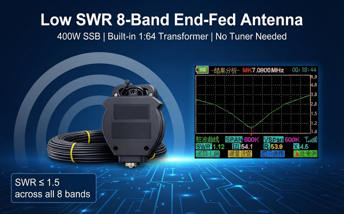 8010-400W End Fed Half Wave Antenna 8 Bands 40m Long Wire Antenna 400W End Fed Antenna, 10m/12m/15m/17m 20m/30m/40m/80m, Low SWR 1:64 Balun, No Tuning, Great for POTA/SOTA, Waterproof Housing