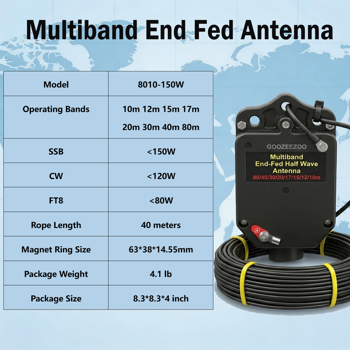 JYR8010-150W End Fed Half Wave Antenna, 150W Shortwave Radio Antenna, 8 Band 10m 12m 15m 17m 20m 30m 40m 80m Long Wire Antenna, 1:64 Balun No Tuning