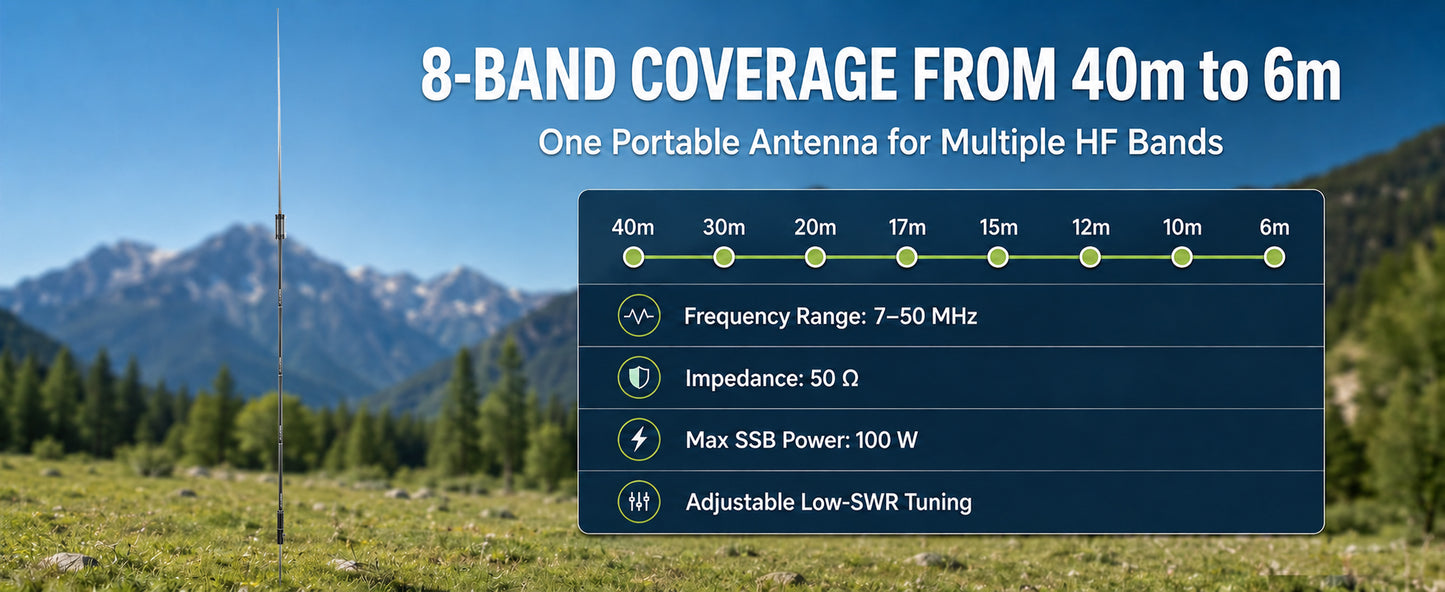 JPC-12 HF Antennas for Ham Radio 7-50MHz All Band HF Vertical Antenna with Low SWR 40m-6m 8 Bands Easy Setup for POTA/Field Day for Outdoor 4.1 Meter(13.5Ft)