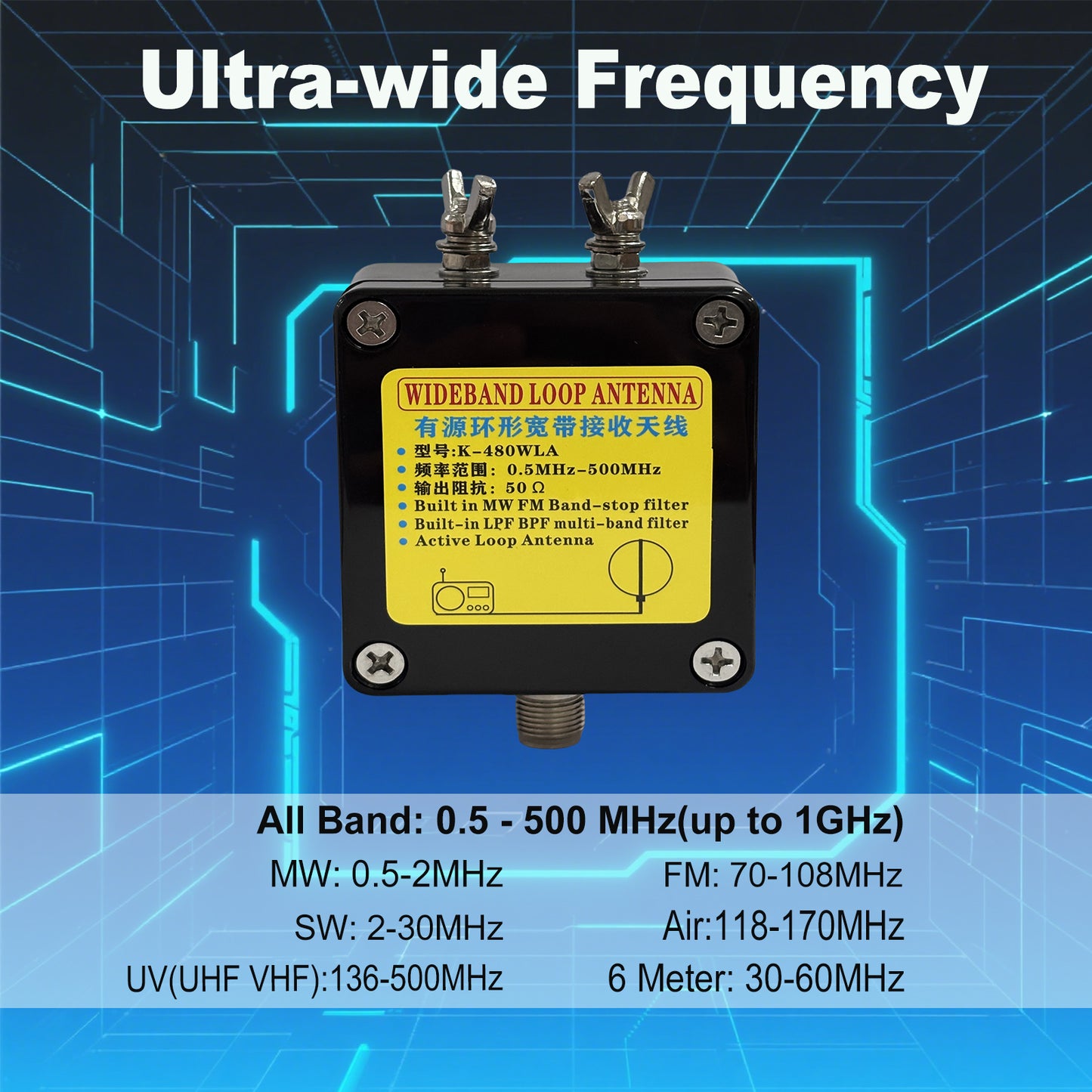 K-480WLA Portable Shortwave Radio Active Loop Antenna 0.5MHz-500MHz Full Band Radio Antenna LW/MW/SW/FM/VHF/HF/Air 6 Meters 30dBi SDR Ham Radio Antenna with 1800mAh Battery（Built-in Filter）