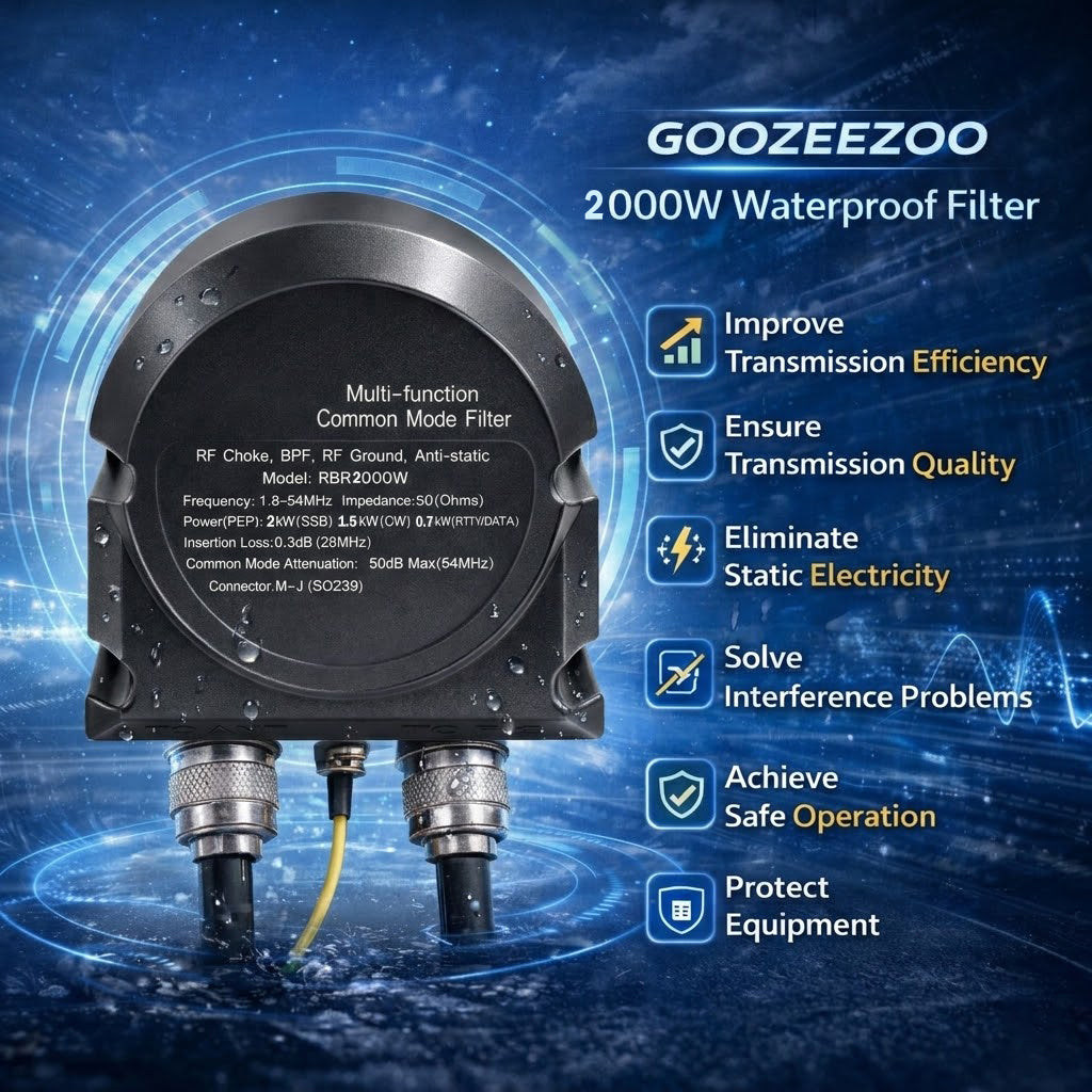 GOOZEEZOO RBR2000W High-Power 2000W Common Mode Filter, 1.8-54MHz Waterproof RF Choke & RF Ground, 3-in-1 Band-pass Filter for Amateur Radio Outdoor and Base Station Use