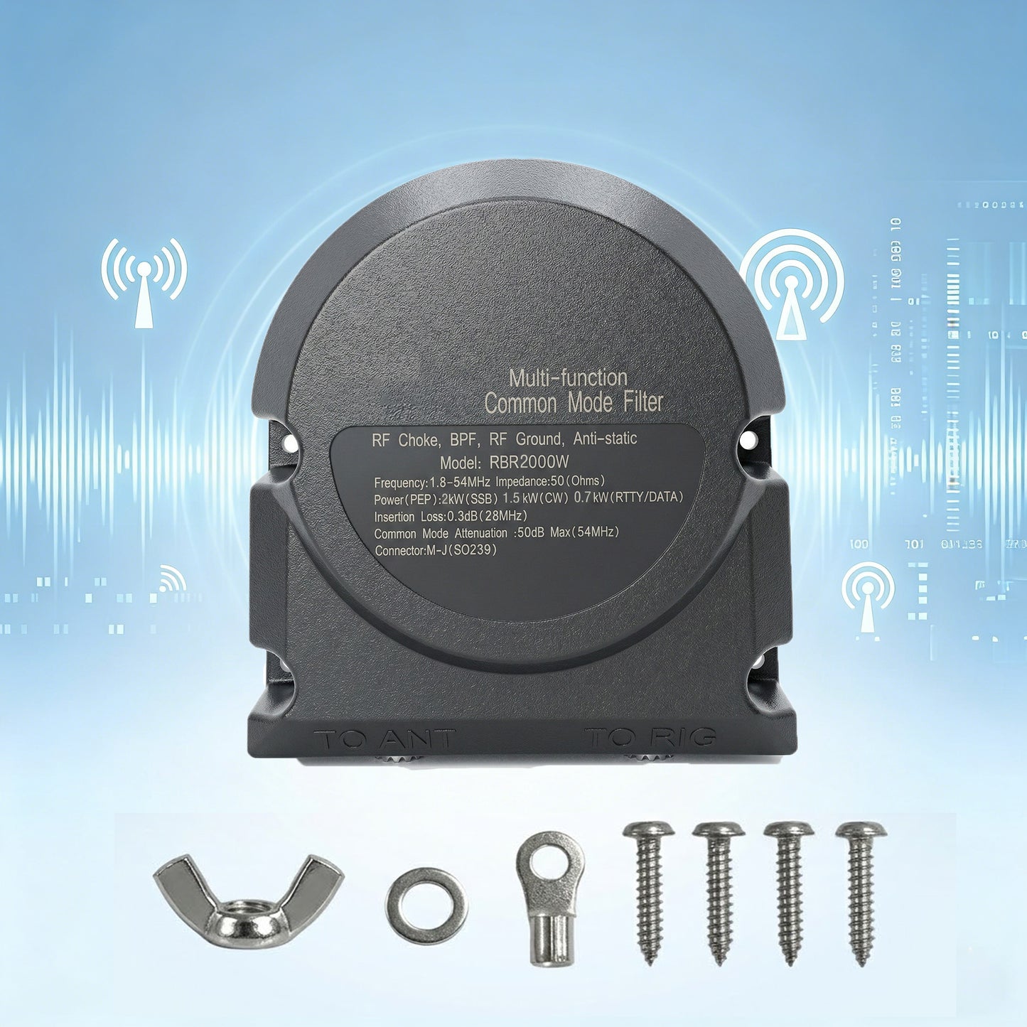GOOZEEZOO RBR2000W High-Power 2000W Common Mode Filter, 1.8-54MHz Waterproof RF Choke & RF Ground, 3-in-1 Band-pass Filter for Amateur Radio Outdoor and Base Station Use