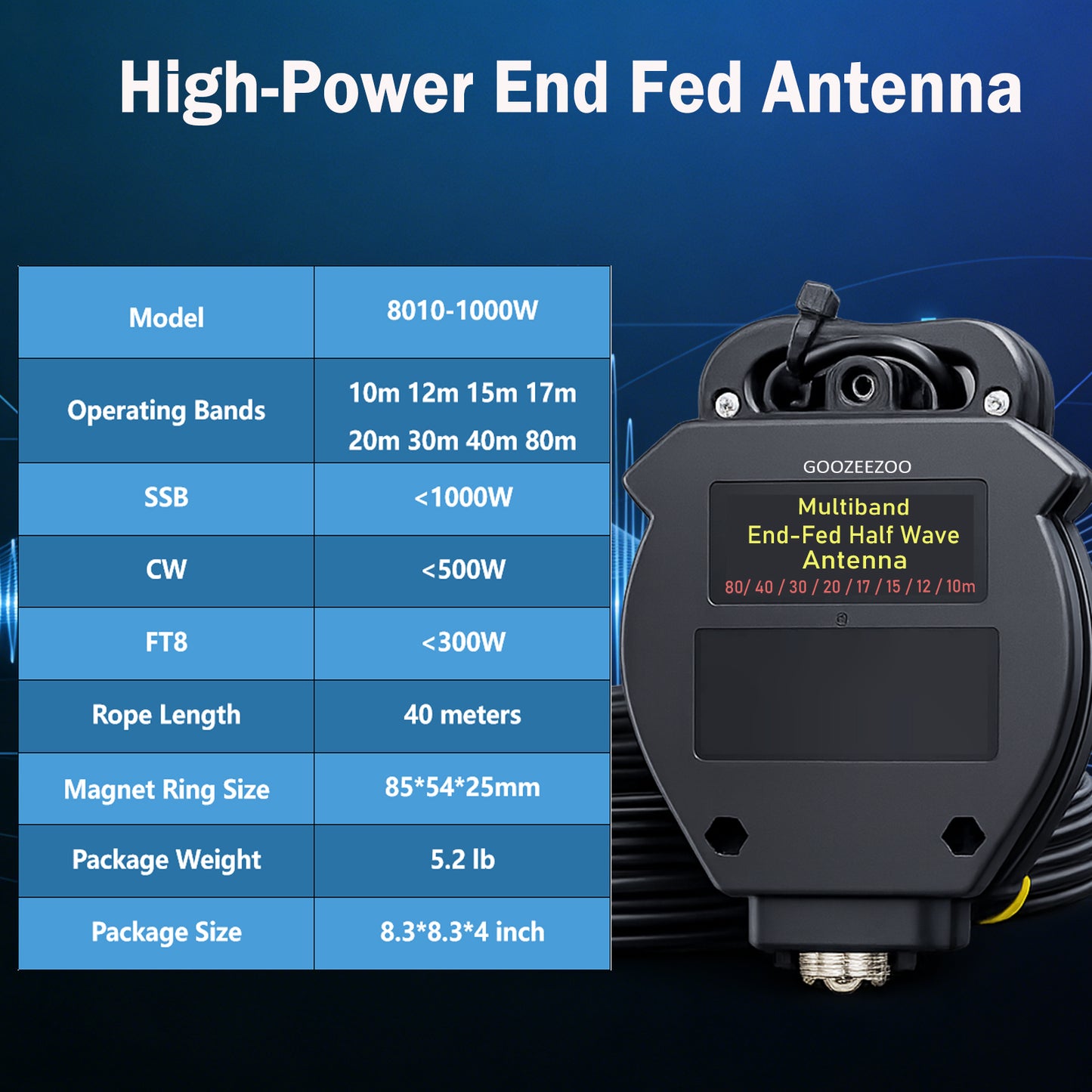 JYR8010-1000W End Fed Half Wave Antenna, 1000W Shortwave Radio Antenna, 8 Band 10m 12m 15m 17m 20m 30m 40m 80m Long Wire Antenna, 1:64 Balun No Tuning