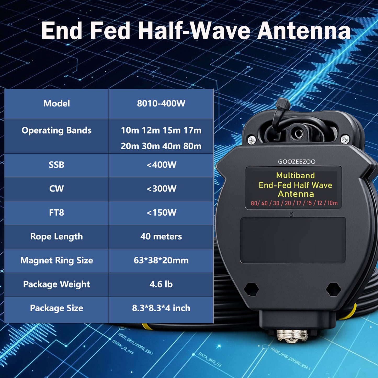 JYR8010-400W End Fed Half Wave Antenna, 400W Shortwave Radio Antenna 8 Band 10m 12m 15m 17m 20m 30m 40m 80m Long Wire Antenna, 1:64 Balun No Tuning