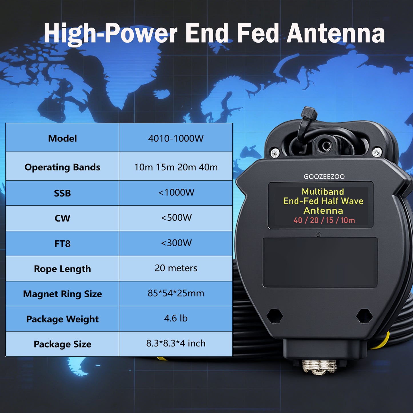 GOOZEEZOO JYR4010-1000W End Fed Half Wave Antenna, 1000W Shortwave Radio Antenna, 4 Band 10m 15m 20m 40m Long Wire Antenna, 1:64 Balun No Tuning