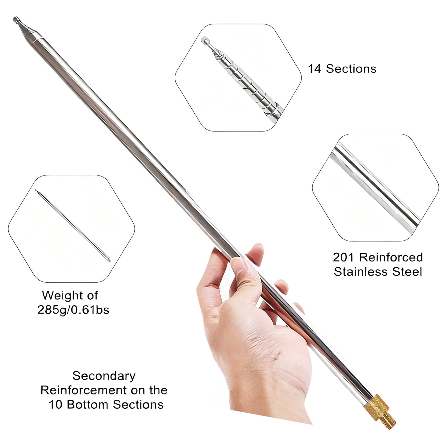 GOOZEEZOO 1pc 201 Stainless Steel Whip Antenna Pull Rod for JPC-12 HF Antenna 5m M10 External Thread Antenna(5.6 meters/16.4 ft)