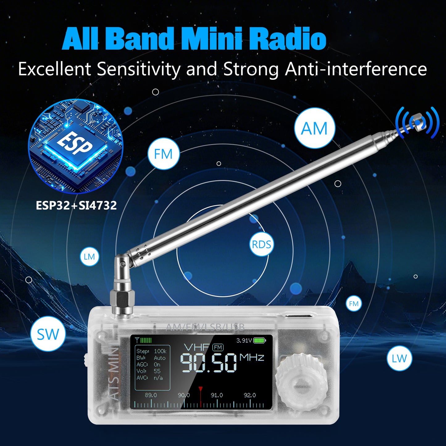 GOOZEEZOO Si4732-ESP32 V3.2 Mini Radio Pocket Shortwave Radio Receiver | Mode: AM/FM/LSB/USB Band: HF SW MW VHF All Band Radio Receiver | 800mAh Battery for Outdoor Adventures, Travel, and Daily Use
