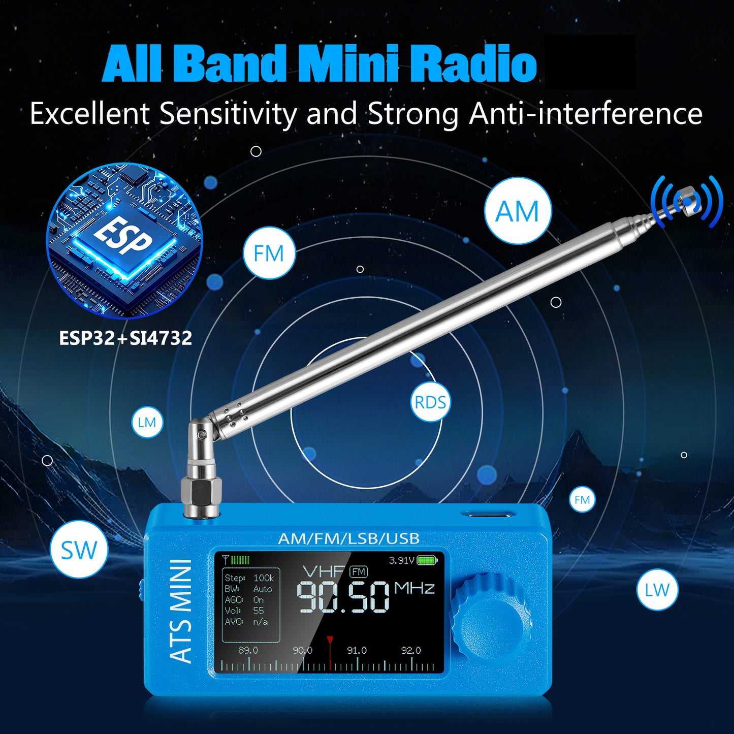 GOOZEEZOO Si4732-ESP32 V3.2 Mini Radio Pocket Shortwave Radio Receiver | Mode: AM/FM/LSB/USB Band: HF SW MW VHF All Band Radio Receiver | 800mAh Battery for Outdoor Adventures, Travel, and Daily Use