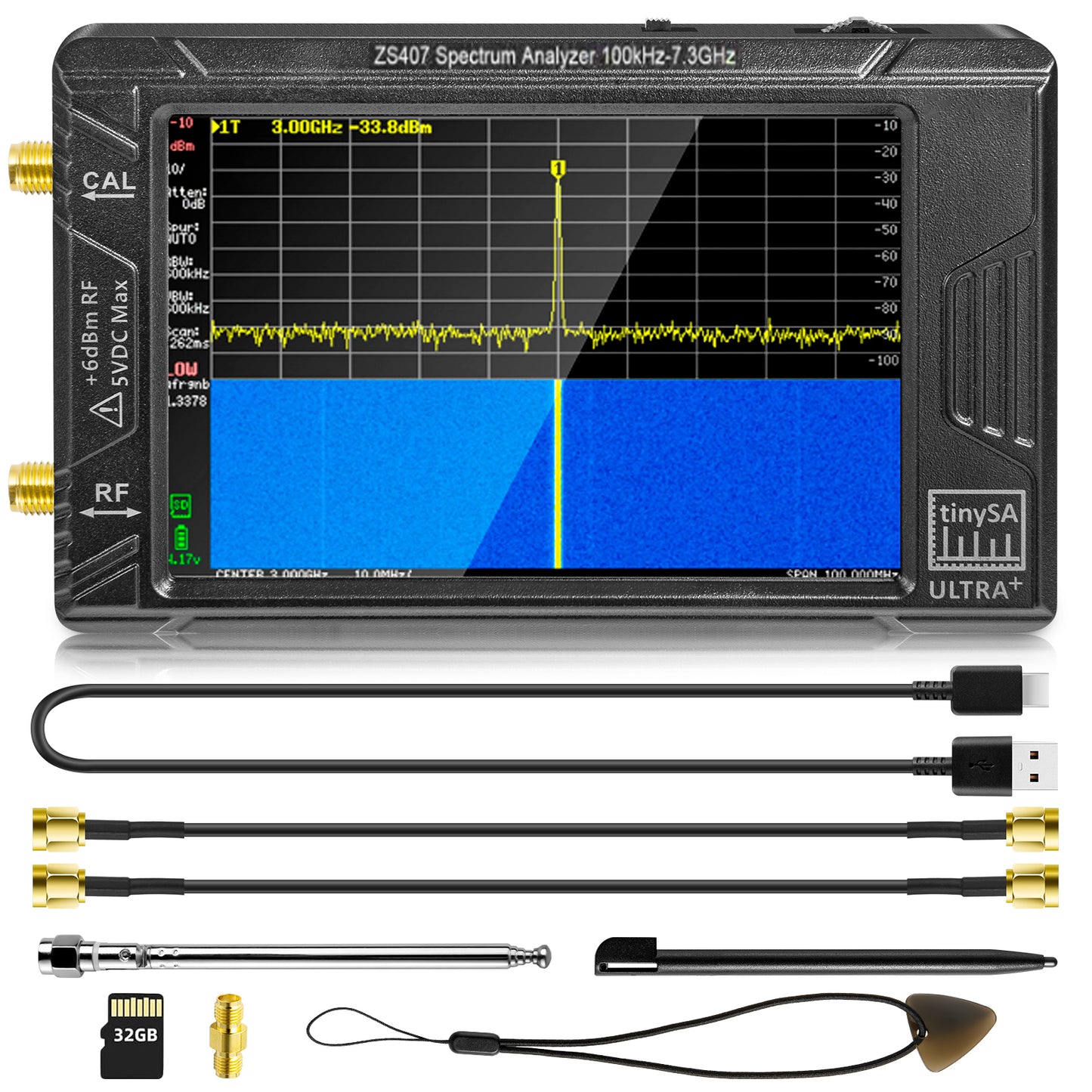 GOOZEEZOO 2025 Upgraded HW V0.5.4 TinySA Ultra+ZS407 Spectrum Analyzer, 4-inch 100kHz-7.3GHz Frequency Analyzer 2-in-1 Signal Generator 100kHz to 900MHz MF/HF/VHF UHF Input 5000mAh Battery & 32GB SD Card