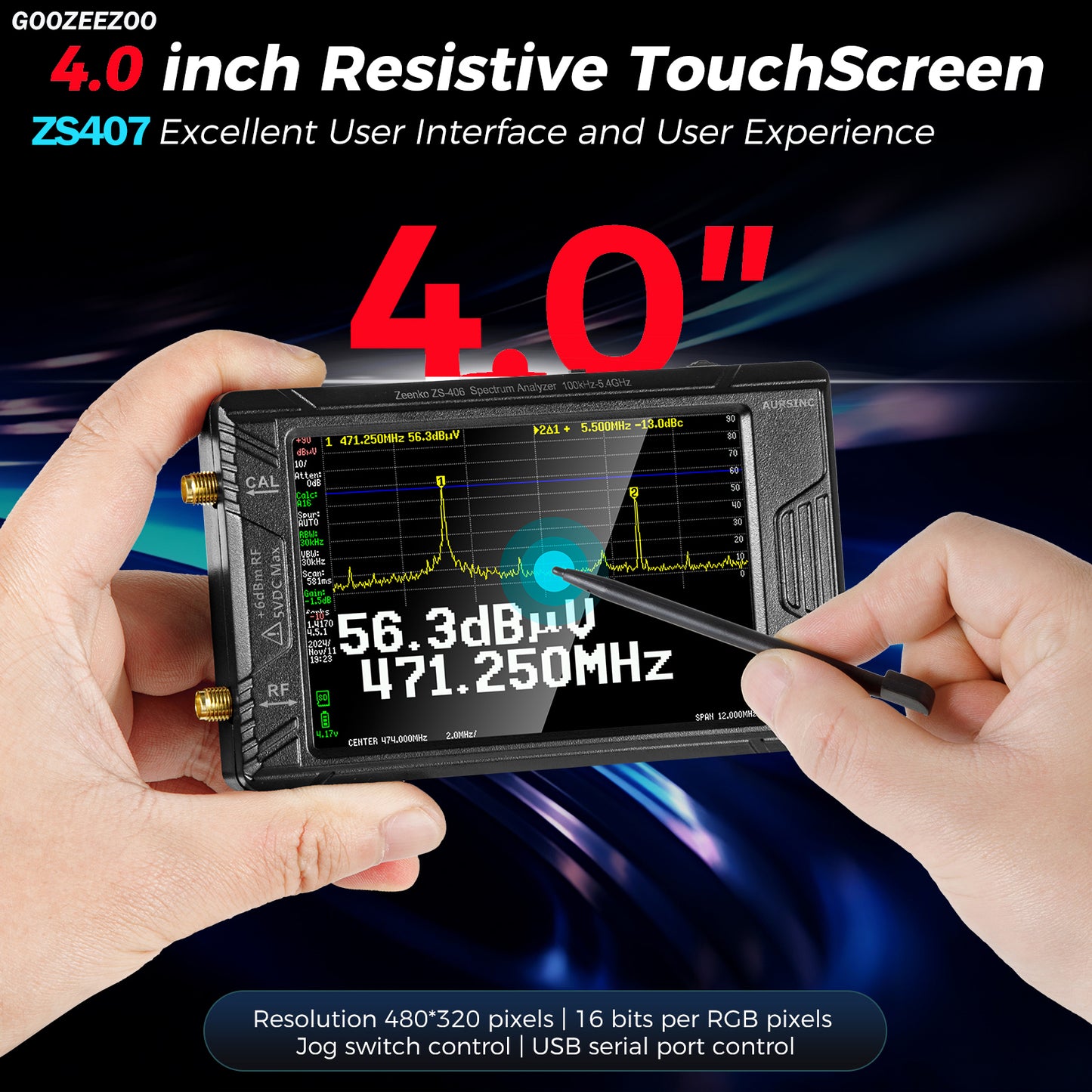 GOOZEEZOO 2025 Upgraded HW V0.5.4 TinySA Ultra+ZS407 Spectrum Analyzer, 4-inch 100kHz-7.3GHz Frequency Analyzer 2-in-1 Signal Generator 100kHz to 900MHz MF/HF/VHF UHF Input 5000mAh Battery & 32GB SD Card