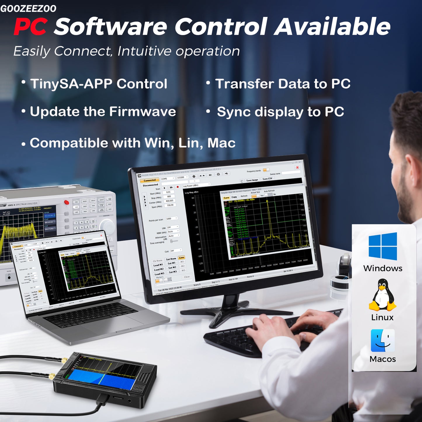 GOOZEEZOO 2025 Upgraded HW V0.5.4 TinySA Ultra+ZS407 Spectrum Analyzer, 4-inch 100kHz-7.3GHz Frequency Analyzer 2-in-1 Signal Generator 100kHz to 900MHz MF/HF/VHF UHF Input 5000mAh Battery & 32GB SD Card