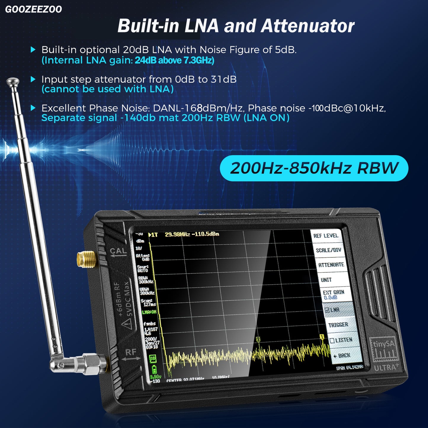 GOOZEEZOO 2025 Upgraded HW V0.5.4 TinySA Ultra+ZS407 Spectrum Analyzer, 4-inch 100kHz-7.3GHz Frequency Analyzer 2-in-1 Signal Generator 100kHz to 900MHz MF/HF/VHF UHF Input 5000mAh Battery & 32GB SD Card